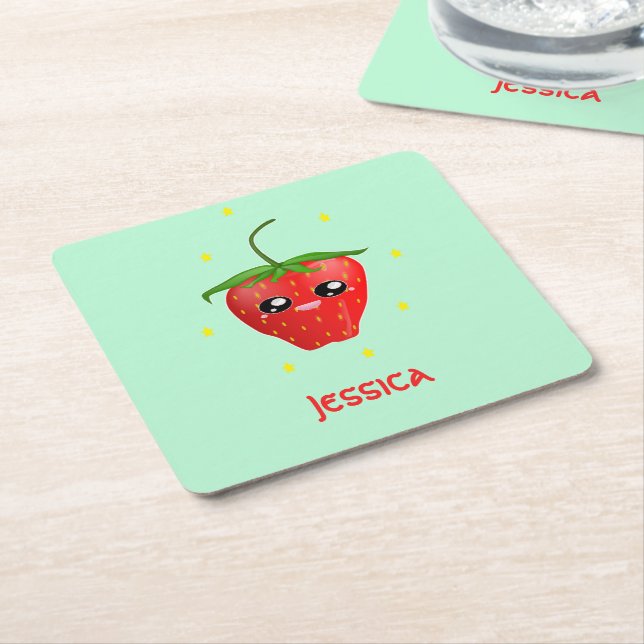 Dessous De Verre Carré Fruit Monogram kawaii sur turquoise (Incliné)