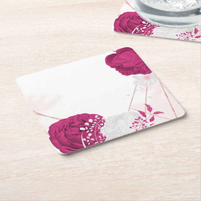 Dessous De Verre Carré fuchsia & blanc mariage floral (Incliné)