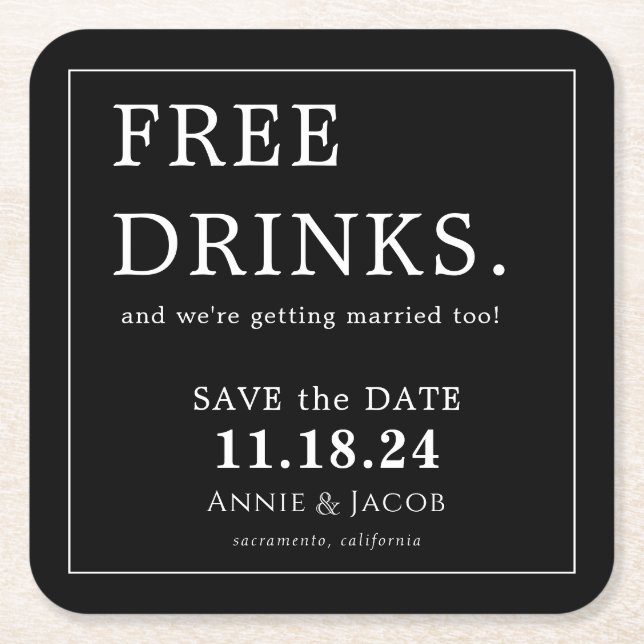 Dessous De Verre Carré Fun Free Drinks Enregistrer la date (Devant)