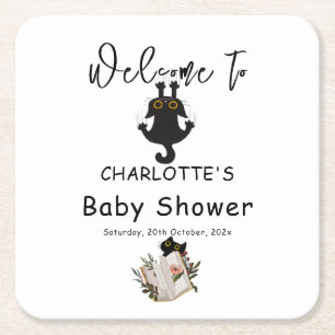 Dessous De Verre Carré Funny Chat noir et Baby shower de livre
