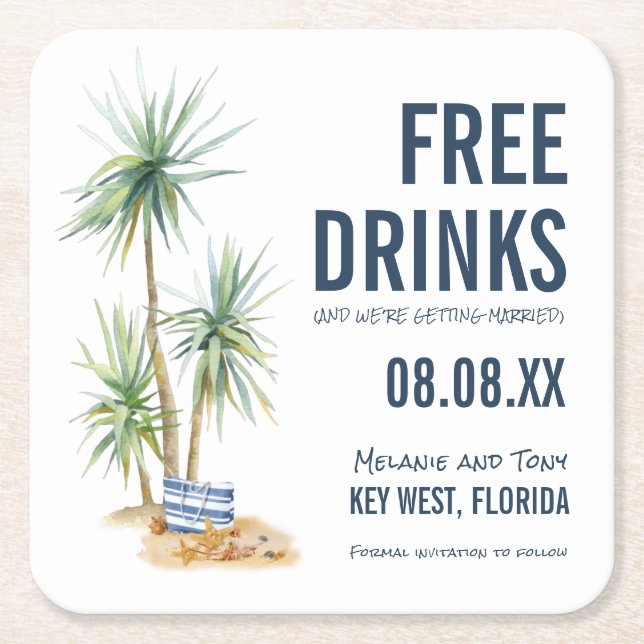 Dessous De Verre Carré Funny Free Drinks Beach Wedding Enregistrer la dat (Devant)