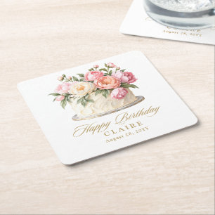 Dessous De Verre Carré Gâteau Floral Rose Élégant Anniversaire