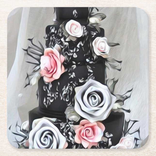 Dessous De Verre Carré Gâteau Mariage noir avec Roses (Devant)