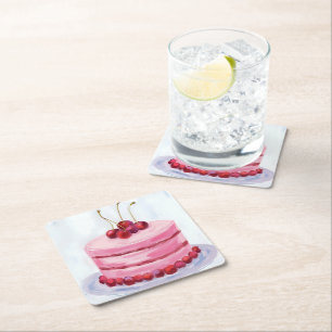 Dessous De Verre Carré Gâteau Rose Cerise Fête Aquarelle Fête