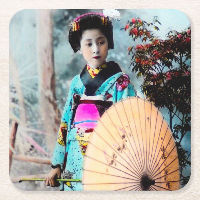 Dessous De Verre Carré Geisha avec un cru de papier Japon de parasol de (Devant)