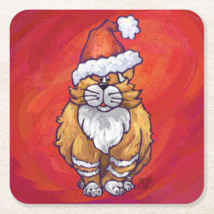 Dessous De Verre Carré Ginger Chat Noël Sur Rouge