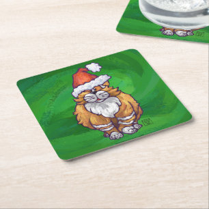 Dessous De Verre Carré Ginger Chat Noël Sur Vert