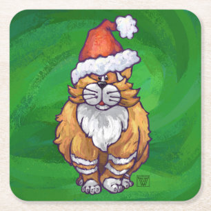 Dessous De Verre Carré Ginger Chat Noël Sur Vert