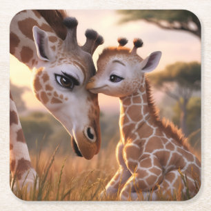 Dessous De Verre Carré Giraffe Love : Baby Kissing Mom