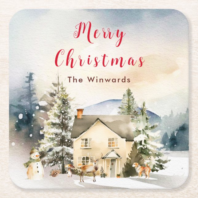 Dessous De Verre Carré Gîte de vacances d'hiver Joyeux Noël (Devant)