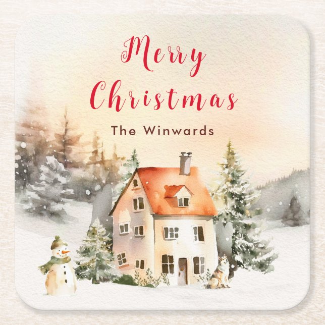 Dessous De Verre Carré Gîte de vacances d'hiver Joyeux Noël (Devant)
