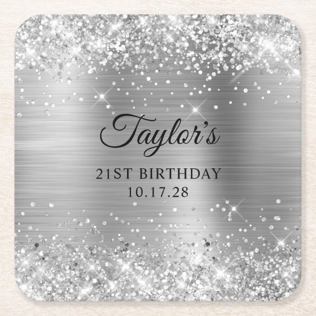 Dessous De Verre Carré Glittery Silver Foil 21st Birthday (Devant)