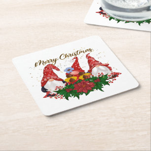 Dessous De Verre Carré Gnomes de Noël Poinsettia Bois Fantaisiste