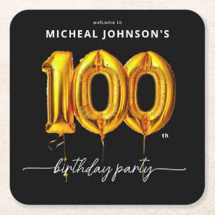 Dessous De Verre Carré Gold Balloon Black 100e fête d'anniversaire