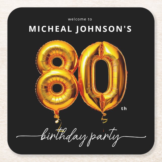 Dessous De Verre Carré Gold Balloon Black 80e fête d'anniversaire (Devant)