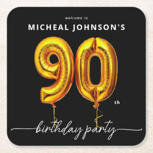 Dessous De Verre Carré Gold Balloon Black 90e fête d'anniversaire