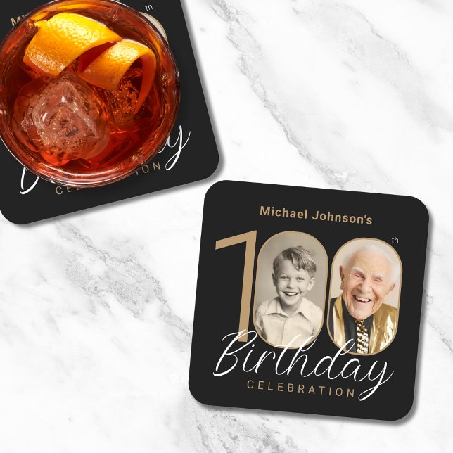 Dessous De Verre Carré Gold Black Elegant Photo 100th Birthday Party (Mockup View)