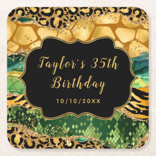 Dessous De Verre Carré Gold et Green Safari Agate Anniversaire