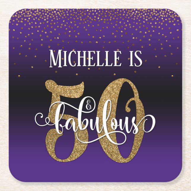 Dessous De Verre Carré Gold Faux Parties scintillant 50 & Fabulous Purple (Devant)