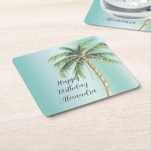 Dessous De Verre Carré Gold Glam Tropical Palm Tree Anniversaire (Incliné)