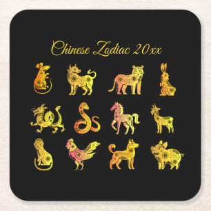 Dessous De Verre Carré Gold Gradient chinois Zodiac Animal Noir