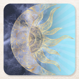 Dessous De Verre Carré Gold Moon Sun Mandala Celestial Design
