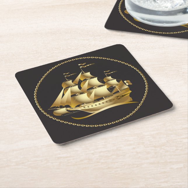 Dessous De Verre Carré Gold Sailboat Nautical (Incliné)
