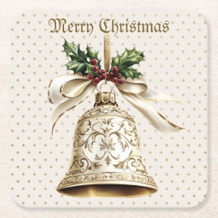 Dessous De Verre Carré Golden Christmas Bell Shiny Stars Green Feuilles