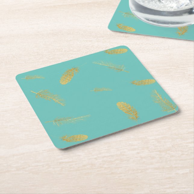 Dessous De Verre Carré Golden Feathers Aqua (Incliné)