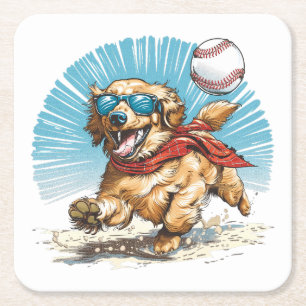 Dessous De Verre Carré Golden Retriever Chien Jouant Au Baseball