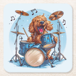 Dessous De Verre Carré Goldendoodle Chien Jouant de la Batterie