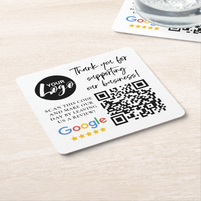 Dessous De Verre Carré Google Reviews Merci Logo Code QR (Incliné)