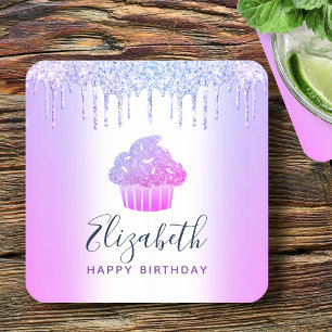 Dessous De Verre Carré Gouttes de paillettes de cupcake violet nom monogr
