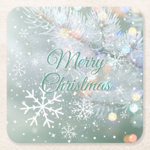 Dessous De Verre Carré Green Merry Christmas Snowflakes