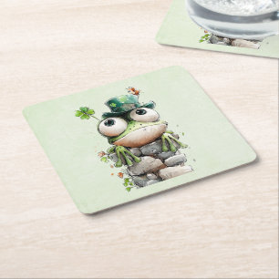 Dessous De Verre Carré Grenouille avec chapeau vert et trèfle mignon