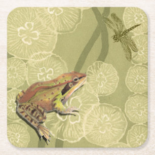 Dessous De Verre Carré Grenouille et libellule sur nénuphars