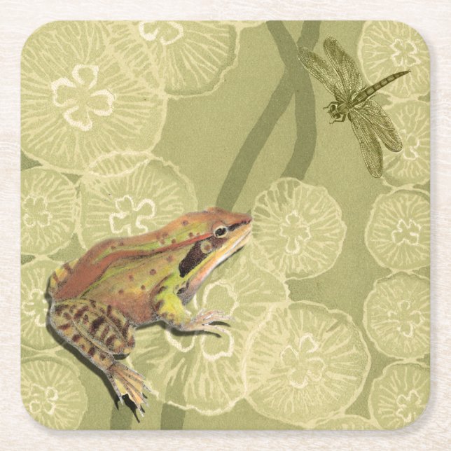 Dessous De Verre Carré Grenouille et libellule sur nénuphars (Devant)