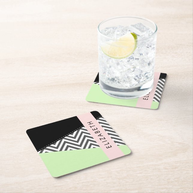Dessous De Verre Carré Grey Zigzag, Grey Chevron, Mint, Votre Nom (En situation)