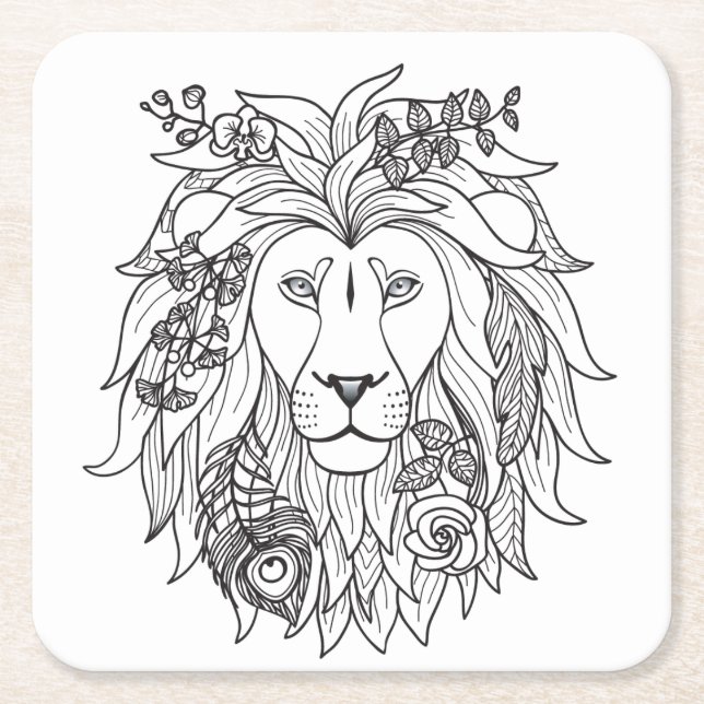 Dessous De Verre Carré Griffonnage de lion et de fleurs (Devant)