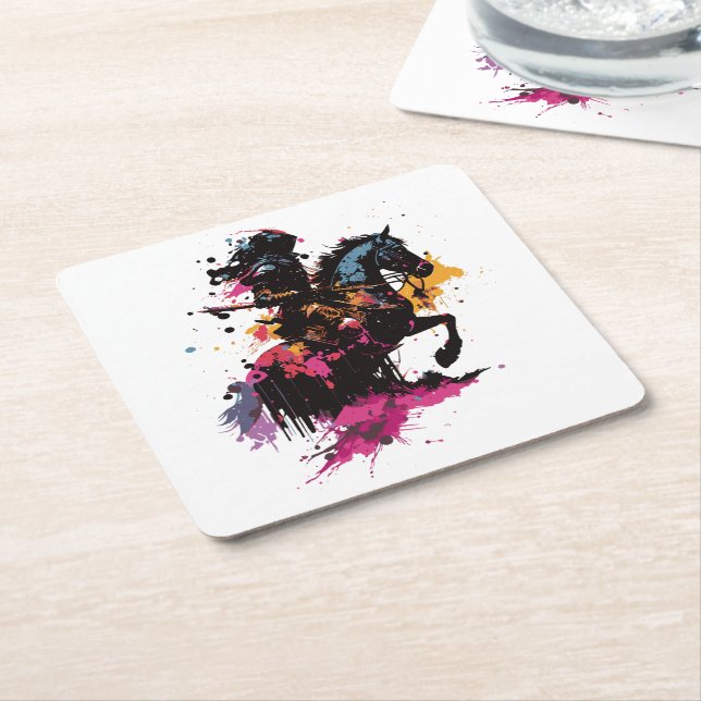 Dessous De Verre Carré Guerrier équitation cheval en aquarelle (Incliné)