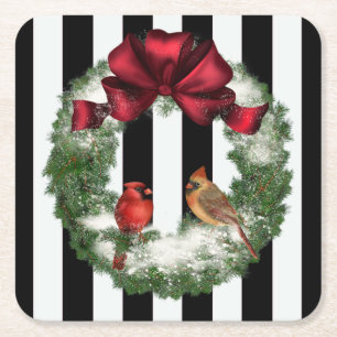 Dessous De Verre Carré Guirlande et rayures de Noël de cardinaux