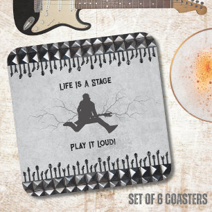 Dessous De Verre Carré Guitare Le Jouer Loud Gris Noir Musique Rockstar