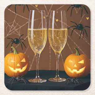 Dessous De Verre Carré Halloween Champagne Araignées Citrouilles