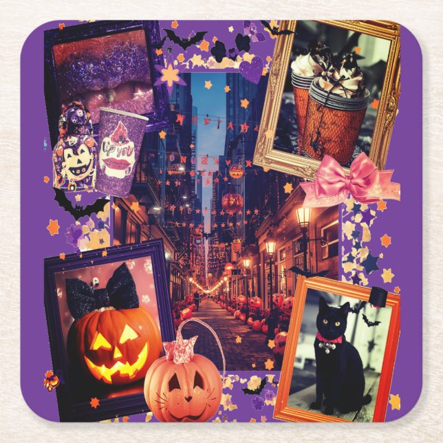Dessous De Verre Carré Halloween Citrouille mignonne fille Éffrayant (Devant)