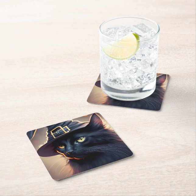 Dessous De Verre Carré Halloween de chat noir (En situation)