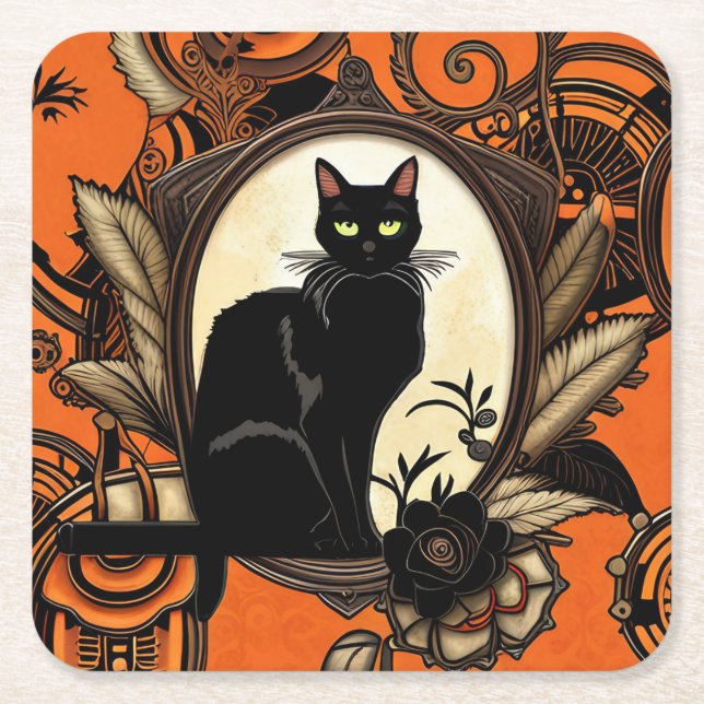Dessous De Verre Carré Halloween en chat noir vapeur (Devant)