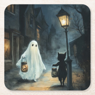 Dessous De Verre Carré Halloween Ghost et Rencontre de chat
