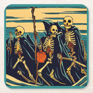 Dessous De Verre Carré Halloween - Skeletons Woodcut 3