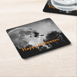 Dessous De Verre Carré Halloween sorcière et lune personnalisable