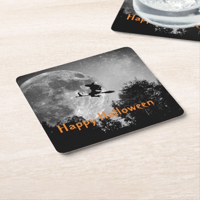 Dessous De Verre Carré Halloween sorcière et lune personnalisable (Incliné)